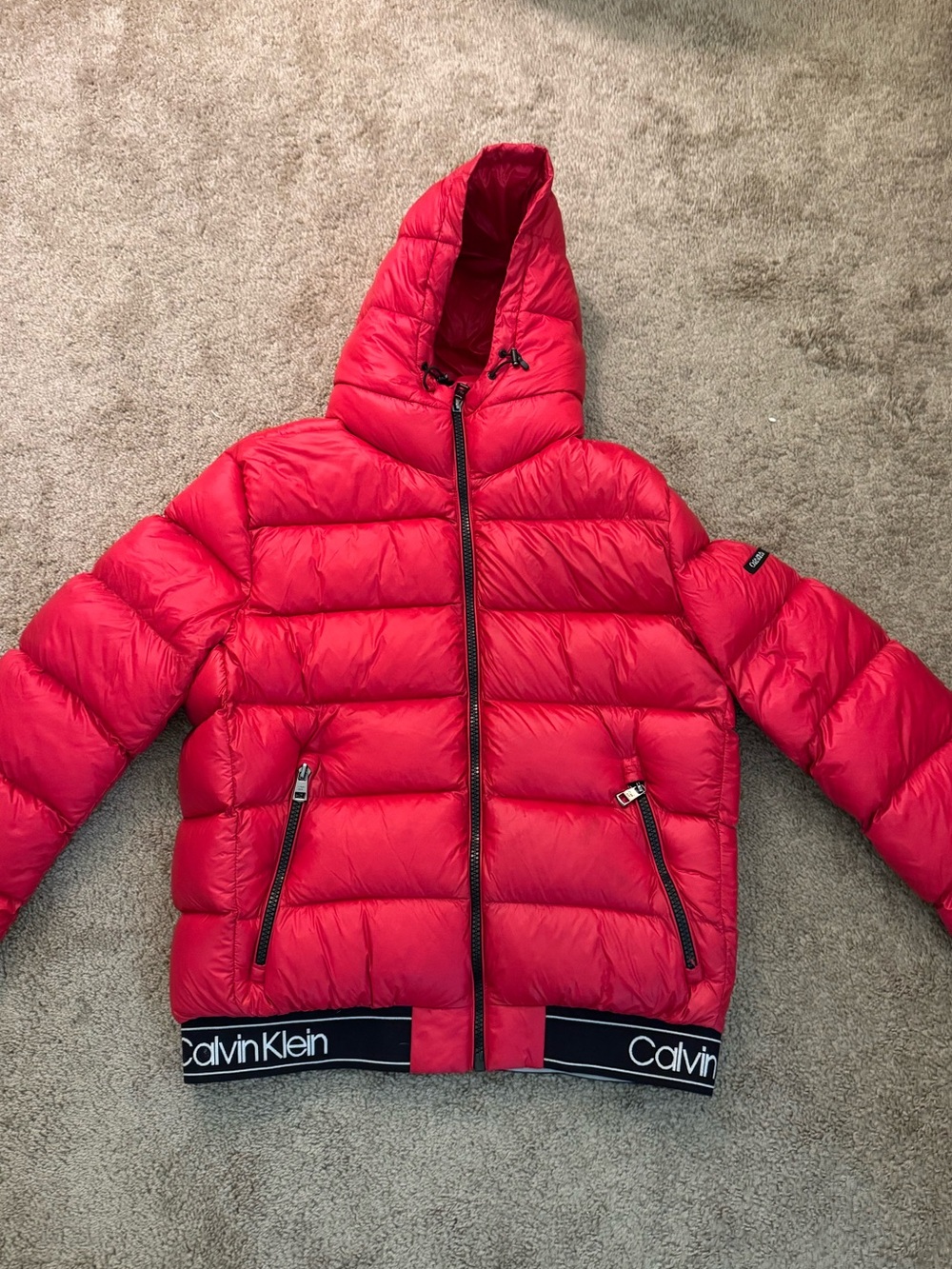 Calvin Klein Men’s Bright Red Puffer Jacket with Hood